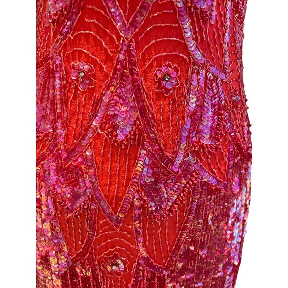 Vintage Gunit 80s Red Beaded Fringe Cocktail Dress With Open Back & High Necklin - Picture 8 of 12